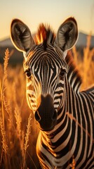 Naklejka premium a zebra is standing in a field of tall grass.