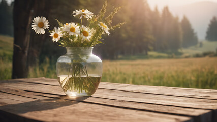  Flower bouquet in vase on wooden plunks with a nature landscape  background . AI generated image, ai