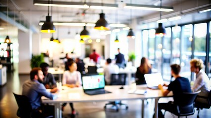 Tech Startup Blur: A blurred tech startup office with team members brainstorming, suitable for innovation and entrepreneurship themes.
