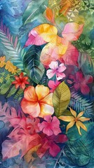 Vibrant watercolor painting showcasing a variety of tropical flowers and lush foliage, creating a sense of exotic beauty and tranquility