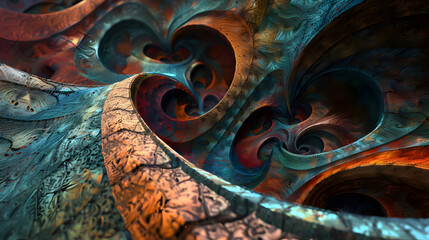 A high-end photo of colorful, curved organic shapes overlapping in a surreal arrangement. Emphasize the realistic textures, vivid hues, and intricate details for a striking and unique composition