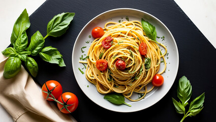 Classic italian spaghetti pasta on black board background, Plate of italian spaghetti with sauce cheese and basil
