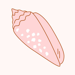 Seashell is type of sea snail, gastropod of cone shell family in Pacific and Indian Oceans. Vector illustration in simple minimalistic style of icon in solid pink color with outline in flat style.