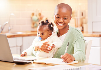Home, laptop and baby with mother for writing, budgeting and tracking expenses in kitchen table. Black people, little girl and mom with notebook for financial planning, savings goals and childcare