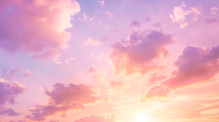 Beautiful sunrise or sunset with soft pink, purple, violet, and orange hues. The sky is filled with cirrus clouds illuminated by the sunlight, creating an abstract and serene background.