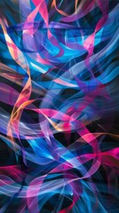 Vibrant light trails create abstract, colorful patterns on a dark backdrop, exuding energy and motion with dynamic waves and curves, glowing neon spectrum adding a futuristic touch