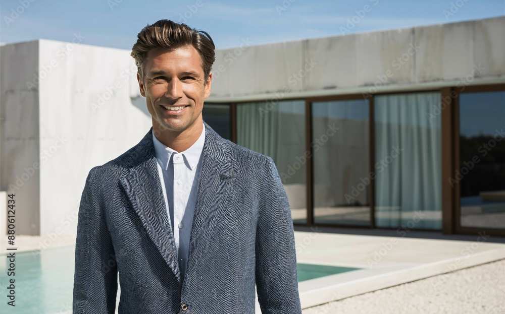 Poster the image shows a man in a blue suit standing in front of a modern house. he is smiling and looking 