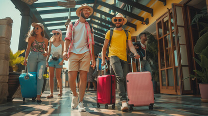 people arriving on holiday going to the airport with baggage