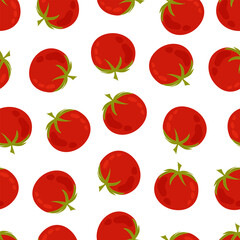 Seamless pattern with tomato in flat style on white background. Healthy food. Cartoon tomato in flat style. Vegetable. Pattern for textile, wrapping paper, background.