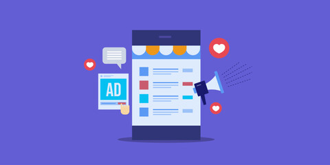 Fototapeta premium Mobile ecommerce marketing, social media advertising promotion display on smartphone screen vector illustration.