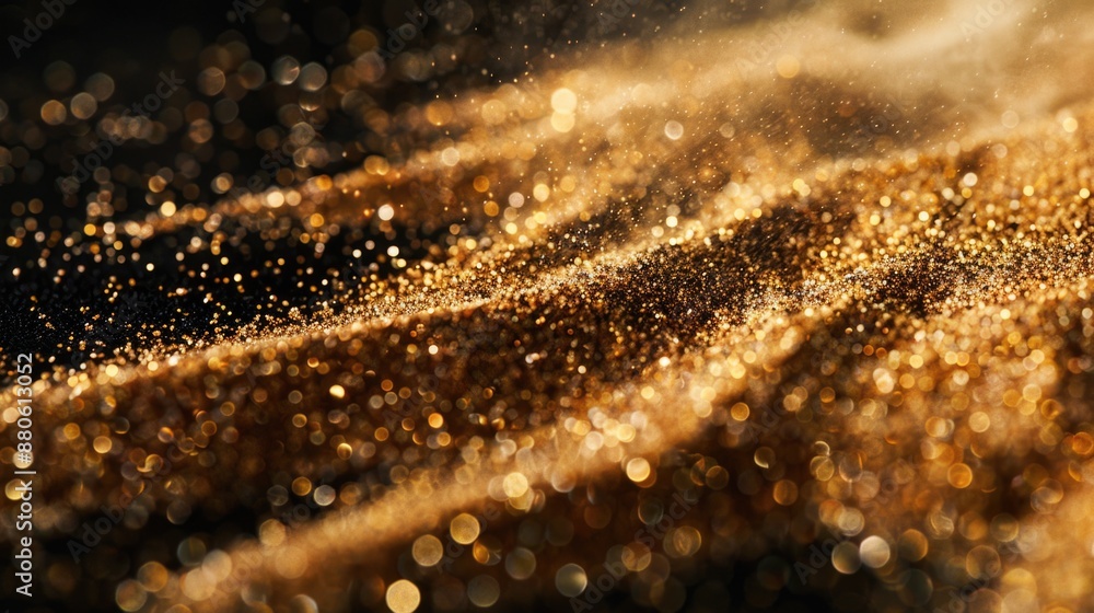 Poster Close-up shot of a textured gold glitter background with intricate details and patterns
