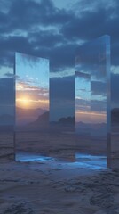Glass panels reflect desert sunset with mountains in background, creating a beautiful twilight scene. Sky painted in blue, orange, yellow hues