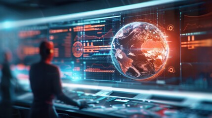 Fototapeta premium Business strategy meeting with a holographic globe and digital success indicators. Tech, Digital Painting, Cool Tones, High Detail
