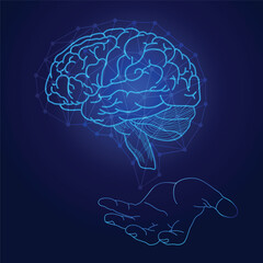 Low poly brain or artificial intelligence concept on hand silhouette.