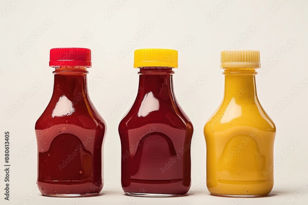 Aufkleber Three empty ketchup bottles sitting side by side on a table or counter