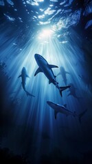 Obraz premium Four graceful sharks swim in the deep blue ocean, their silhouettes outlined by sunrays filtering through the water