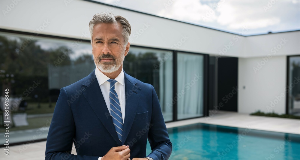 Poster a man in a suit is standing in front of a modern house with a pool.