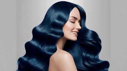 Beautiful profile portrait of woman with long and shiny wavy hair