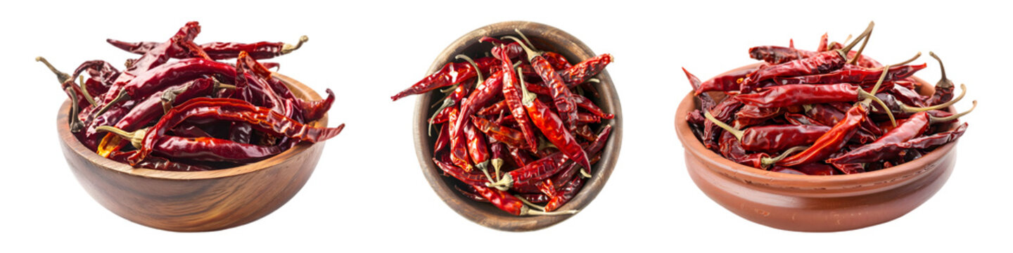 Dried red chili peppers arranged in a bowl on transparent background