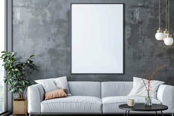 Stylish Living Room with Blank Poster Frame, Modern Furniture, and Indoor Plants