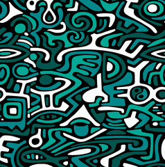 abstract bright seamless pattern in violet green and orange tones. Random bright spots with hand drawn doodle. Creative attractive background.