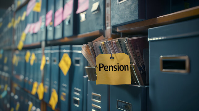 Office file folders archive with pension file concept of pension planning and processing for retired employee