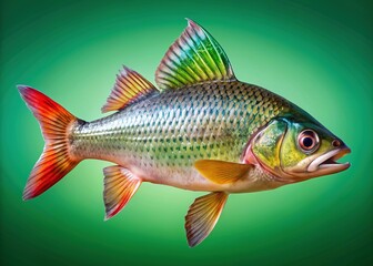Freshly caught fish with vibrant scales and fins against a bright green chroma key background, isolated and ready for seamless integration into any design.