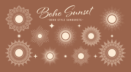 Vintage sunburst, sunset beams collection. Boho style, modern minimalist bohemian design. Hand drawn bursting sun, light rays. Logotype or lettering design element in retro style. Vector illustration