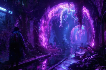 Obraz premium Urban Explorer Discovers Hidden Neon Underground City with Luminescent Creatures and Plants.
