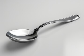 A close-up shot of a spoon with a long handle placed on a clean white surface