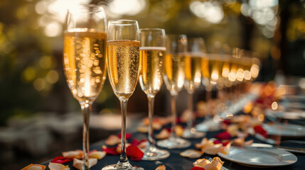 Rows champagne sparkling wine glasses and rose petals, outdoor wedding venue nature background