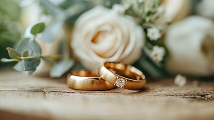 Two classic gold rings, defocused background light surface surrounded flowers. Wedding composition