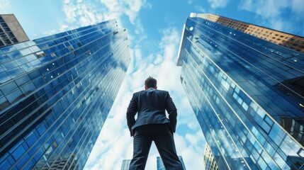 Fototapeta premium Back view of Businessmen or executives standing on the edge of their office building, looking out at city skyscrapers with determination and confidence. career or future with a goal in the company.