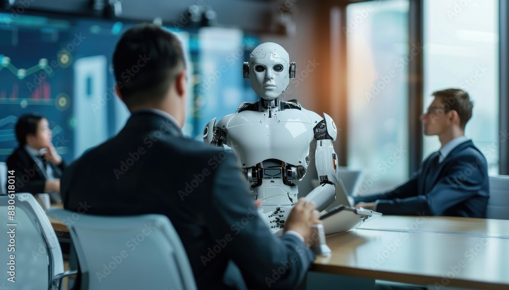 Poster ai robot in hightech office presents data to business team, using modern tech for collaboration and 