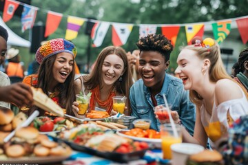 Joyful companions revel in a vibrant outdoor summer festivity, complete with a variety of foods and beverages, set against the backdrop of multicultural gathering to celebrate International Youth Day