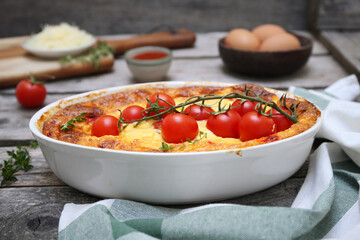 Vegetable bell pepper clafoutis (or gratin) with cheese end tomatoes in ceramic bakeware