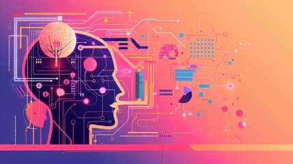 Computational physics, AI modeling, flat design illustration