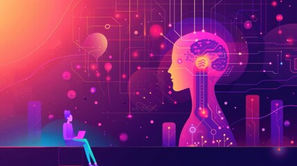 Fototapeta premium Computational physics, AI-driven solutions, flat design illustration