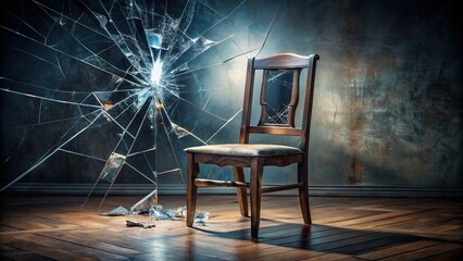 Shattered mirror reflects a fragmented chair, symbolizing the broken self-esteem and fractured identity caused by domestic abuse, amidst a dark and eerie atmosphere.