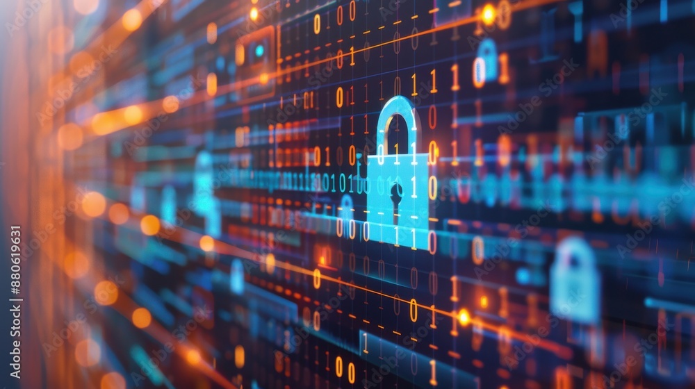 Poster computer screen displaying encrypted data transmission, encryption, secure data storage