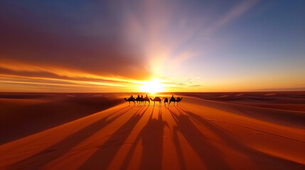 person on camels walking in dunes in the desert at sunset, perfect as wallpaper or background