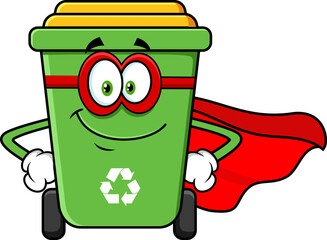 Green Recycle Trash Bin Cartoon Character SuperHero. Vector Hand Drawn Illustration Isolated On Transparent Background
