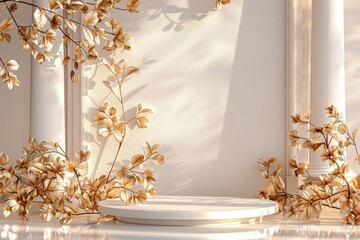 Chic and Refined Setting: Elegant Golden and White Podium with Golden Leaves for Product Presentations