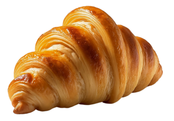 A single, golden-brown croissant with a flaky texture and visible layers, isolated on a transparent background, It looks freshly baked and buttery, PNG file, perfect for graphic design.