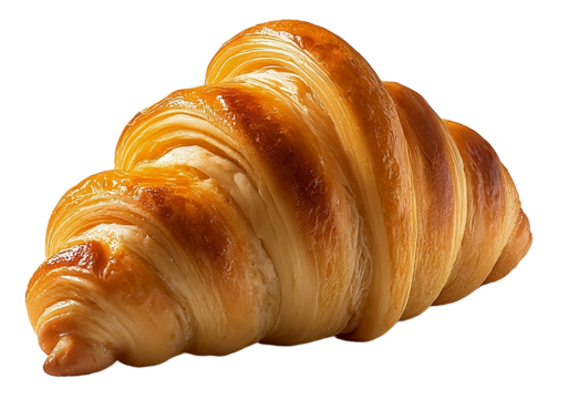 A single, golden-brown croissant with a flaky texture and visible layers, isolated on a transparent background, It looks freshly baked and buttery, PNG file, perfect for graphic design.