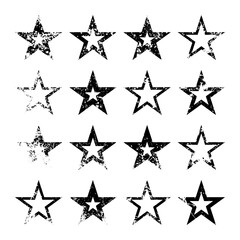 Vintage stars with cracks and stains. Old hand-drawn sign, black simple shape. Retro design element with distressed effect, grunge texture. Vector illustration