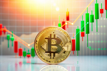 A golden bitcoin with green and red arrows pointing upwards on a white background, break lights with bar charts.