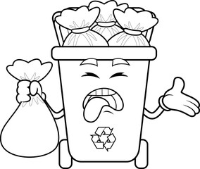 Outlined Recycle Trash Bin Cartoon Character Full With Garbage. Vector Hand Drawn Illustration Isolated On Transparent Background