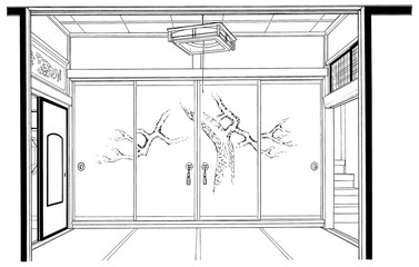 漫画風ペン画イラスト　和風_室内