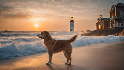 Panoramic view of a beautiful lighthouse with dog by the ocean on a Bay with a beach. AI generated image, ai.